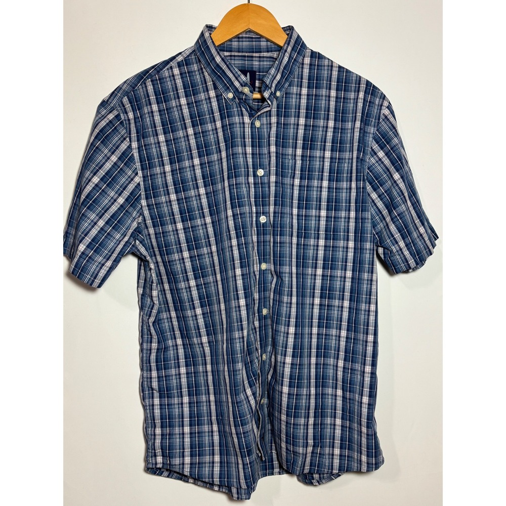 johnnie O Mens‎ Large Blue Plaid Short Sleeve Button Down Shirt Santa Monica CA